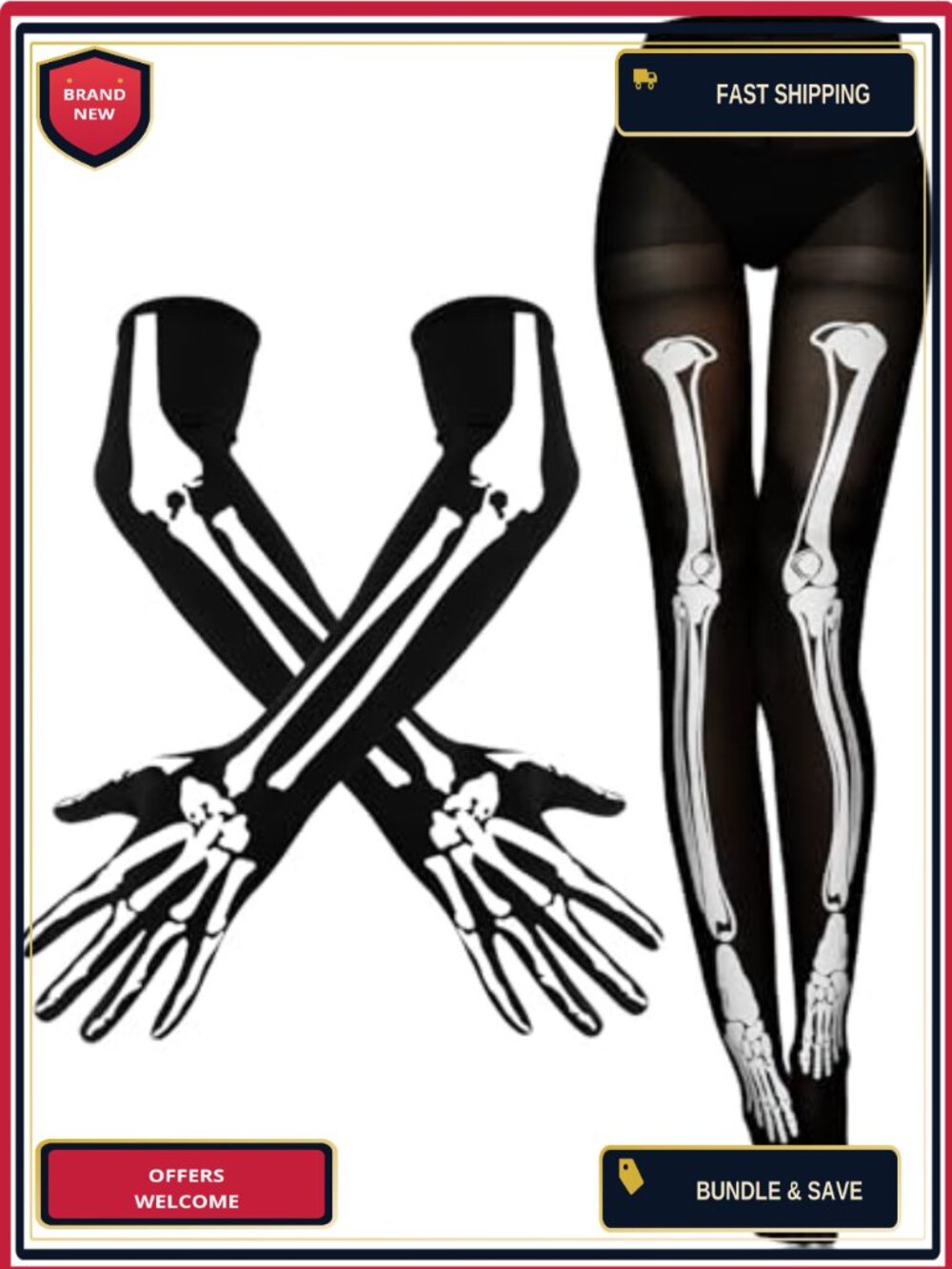 Skeleton Tights and Gloves Set Halloween Costume Nylon Elastic Adult Women